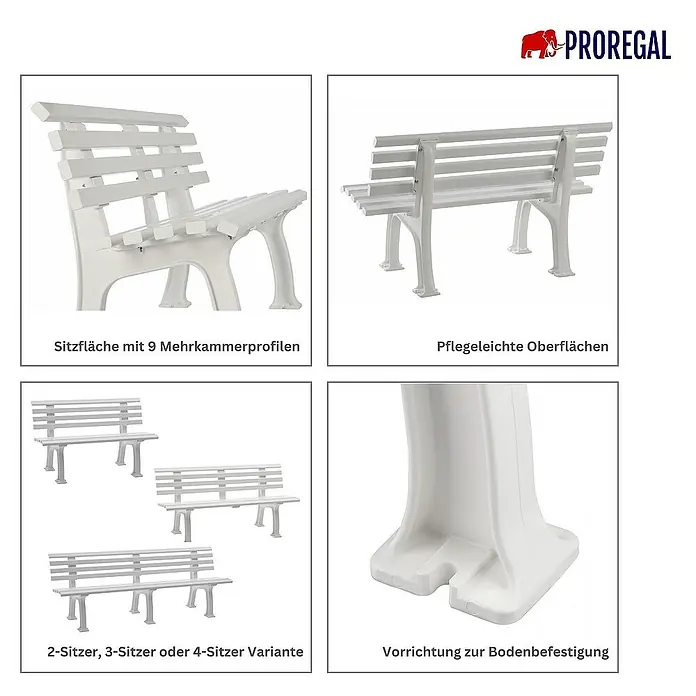 Proregal Gartenbank Antigua 2-Sitzer aus Kunststoff - Weiß - Abbildung einer weißen Parkbank mit verschiedenen Details wie Sitzfläche, Oberfläche, Varianten und Bodenbefestigung.
