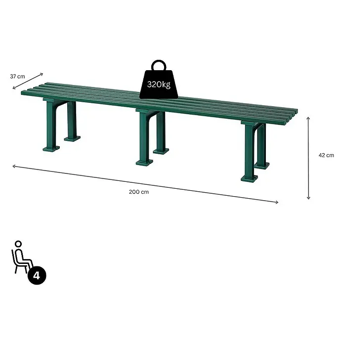 Proregal Gartenbank Kuba 4-Sitzer aus Kunststoff - Grün - Grüne Parkbank mit den Maßen 200x37x42 cm, geeignet für vier Personen und bis zu 320 kg belastbar.
