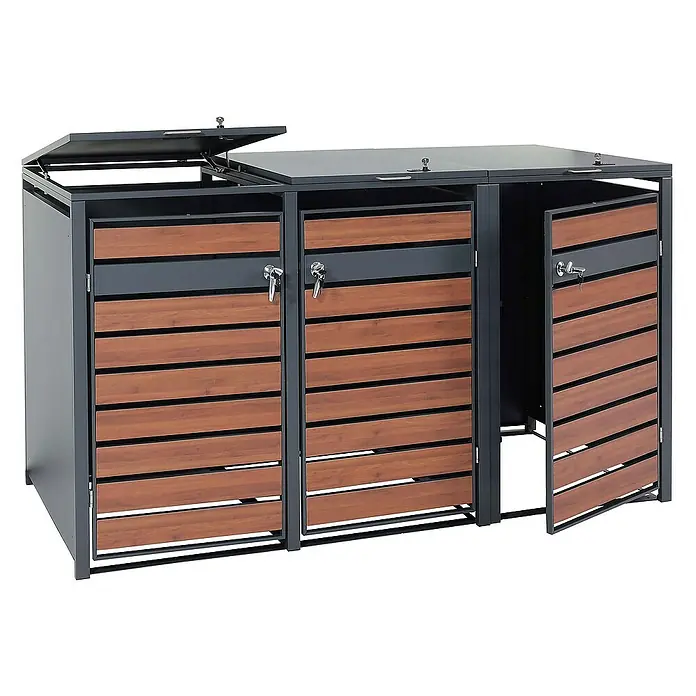 Proregal Mülltonnenbox 3er Mülltonnenverkleidung - Metall, Kirsche-Holzoptik Dunkelbraun, Geeignet für Anzahl Mülltonnen: 3 Stk. - Ein dreifacher Mülltonnenbox mit Kippdeckeln und abschließbaren Holztüren zur stilvollen Aufbewahrung Ihrer Mülltonnen im Außenbereich.