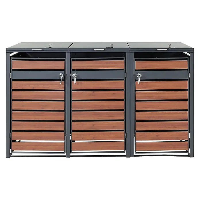 Proregal Mülltonnenbox 3er Mülltonnenverkleidung - Metall, Kirsche-Holzoptik Dunkelbraun, Geeignet für Anzahl Mülltonnen: 3 Stk. - Ein Mülltonnenbox-System mit drei Fächern, Holzverkleidung und abschließbaren Deckeln für den Außenbereich.