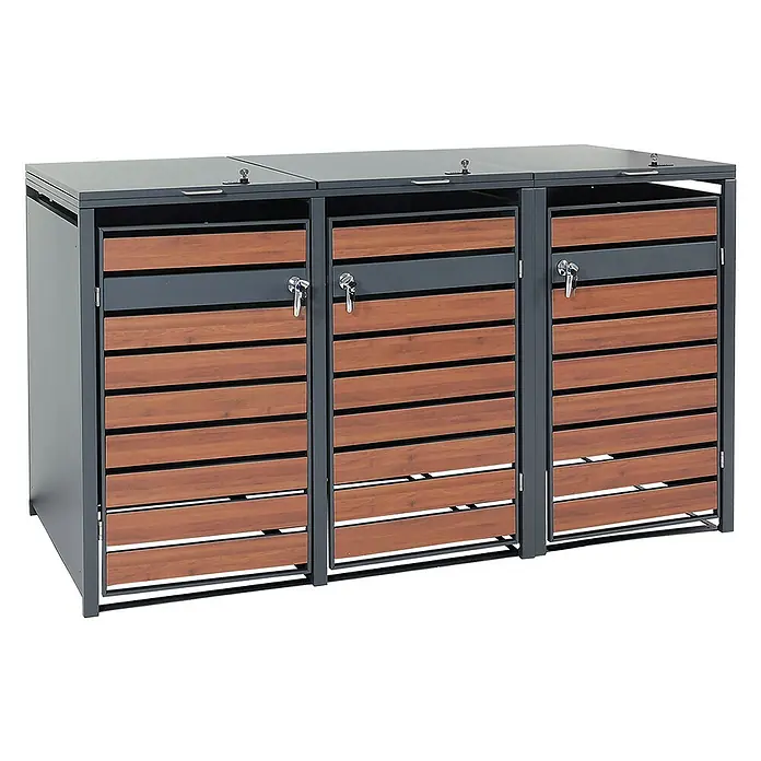 Proregal Mülltonnenbox 3er Mülltonnenverkleidung - Metall, Kirsche-Holzoptik Dunkelbraun, Geeignet für Anzahl Mülltonnen: 3 Stk. - Dreifache Mülltonnenbox aus Holz und Metall. Der ideale Sichtschutz für Ihre Mülltonnen im Garten oder vor dem Haus.