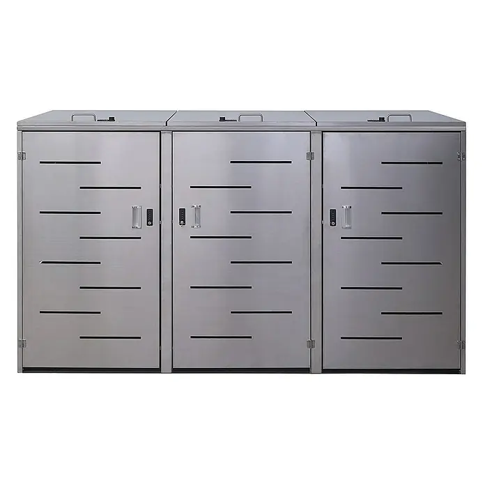 Proregal Mülltonnenbox XL 3er-/6er-Mülltonnenverkleidung - Metall, Edelstahl, Geeignet für Anzahl Mülltonnen: 3 Stk. - Mülltrennsystem: Eine dreifache Edelstahl-Mülltonne mit horizontalen Schlitzen und abschließbaren Türen für die getrennte Sammlung.