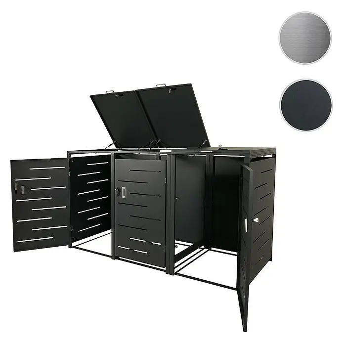 Proregal Mülltonnenbox XL 3er-/6er-Mülltonnenverkleidung - Metall, Edelstahl, Geeignet für Anzahl Mülltonnen: 3 Stk. - Moderner Mülltonnenbox für drei Tonnen mit Doppeltüren & Kippdeckel in Schwarz, ideal für stilvolle Abfallentsorgung im Außenbereich.