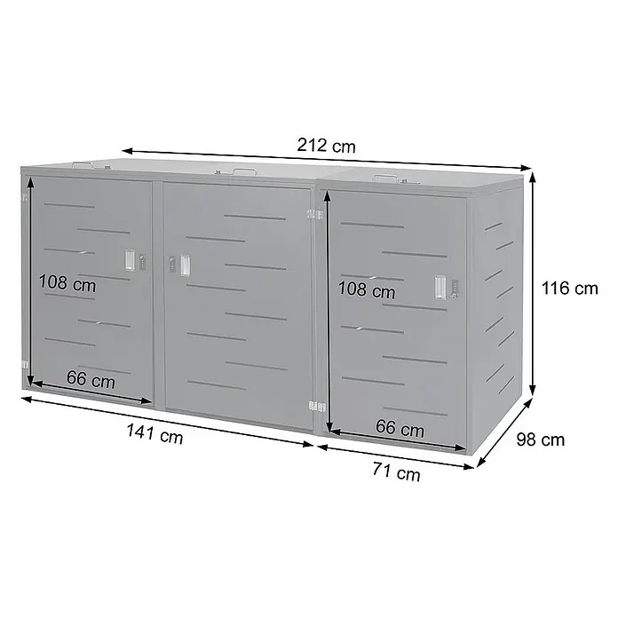 Proregal Mülltonnenbox XL 3er-/6er-Mülltonnenverkleidung - Metall, Edelstahl, Geeignet für Anzahl Mülltonnen: 3 Stk. - Das Bild zeigt eine graue Mülltonnenbox mit Maßangaben, die die Abmessungen des Produkts verdeutlichen.