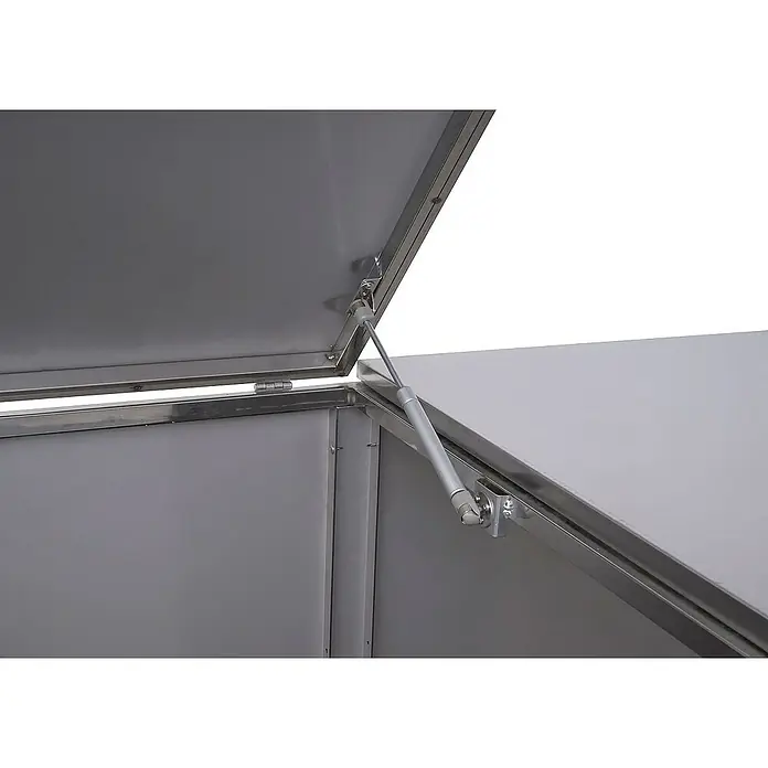 Proregal Mülltonnenbox XL 3er-/6er-Mülltonnenverkleidung - Metall, Edelstahl, Geeignet für Anzahl Mülltonnen: 3 Stk. - Detailaufnahme einer geöffneten grauen Outdoor-Box mit montierter Gasdruckfeder zur einfachen Deckelöffnung. Ideal für Garten und Terrasse.