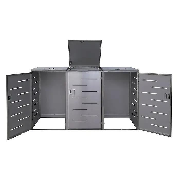 Proregal Mülltonnenbox XL 3er-/6er-Mülltonnenverkleidung - Metall, Edelstahl, Geeignet für Anzahl Mülltonnen: 3 Stk. - Eine dreiteilige Metall-Fahrradbox mit zwei offenen Seitentüren und einer zentralen Tür mit offenem Deckel.