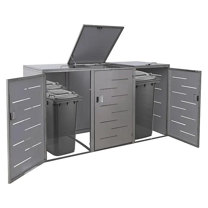 Proregal Mülltonnenbox XL 3er-/6er-Mülltonnenverkleidung - Metall, Edelstahl, Geeignet für Anzahl Mülltonnen: 3 Stk. - Mülltonnenbox aus Metall mit drei Fächern, zwei mit offenen Türen und einem offenen Deckel.