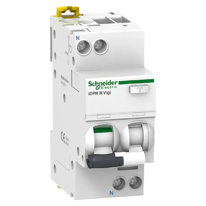 Schneider Electric FI/LS-Schalter iDPN N Vigi - 16 A, Art Fehlerstrom: Typ A, 30 mA, Auslösecharakteristik: B, Polanzahl: 2 - Aufnahme eines Schneider Electric iDPN N Vigi Fehlerstrom-Schutzschalters, der für elektrische Sicherheit sorgt.\n