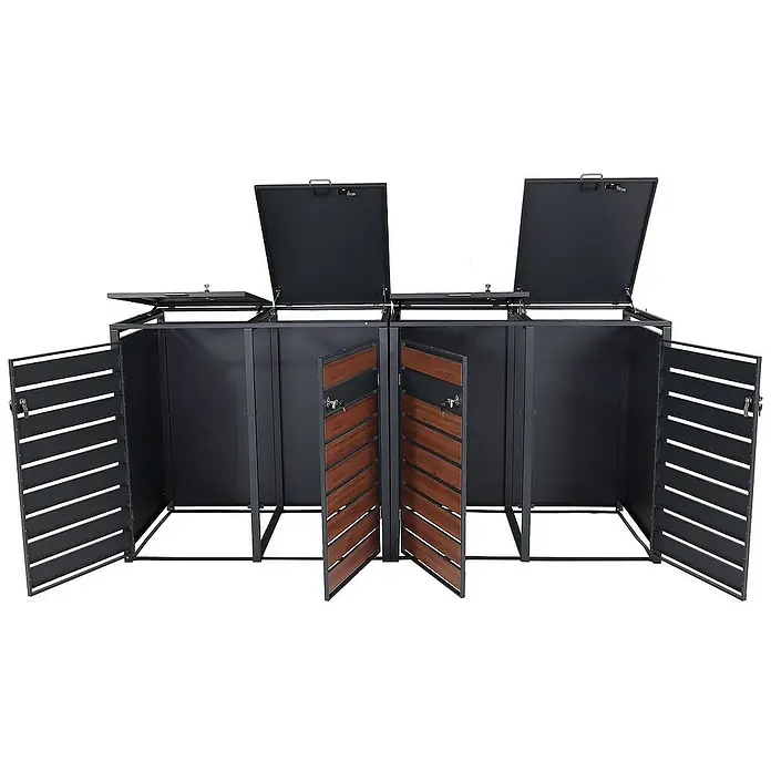 Proregal Mülltonnenbox XL 4er/8er-Mülltonnenverkleidung - 284 x 98 cm, Metall, Kirsche-Holzoptik Dunkelbraun, Geeignet für Anzahl Mülltonnen: 4 Stk. - Dreifache Mülltonnenbox mit offenen Klappen und Türen zur einfachen Müllentsorgung. Robuste Konstruktion und stilvolles Design.
