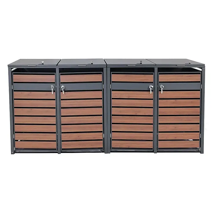 Proregal Mülltonnenbox XL 4er/8er-Mülltonnenverkleidung - 284 x 98 cm, Metall, Kirsche-Holzoptik Dunkelbraun, Geeignet für Anzahl Mülltonnen: 4 Stk. - Abdeckung für Mülltonnen aus Metall und Holzlatten, abschließbar und robust für den Außenbereich. Praktische und ästhetische Mülltonnenbox.
