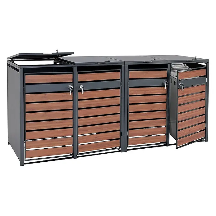 Proregal Mülltonnenbox XL 4er/8er-Mülltonnenverkleidung - 284 x 98 cm, Metall, Kirsche-Holzoptik Dunkelbraun, Geeignet für Anzahl Mülltonnen: 4 Stk. - Mülltonnenbox für drei Tonnen, gefertigt aus Metall und Holz, ideal für den Außenbereich, mit abschließbaren Türen und Deckeln.