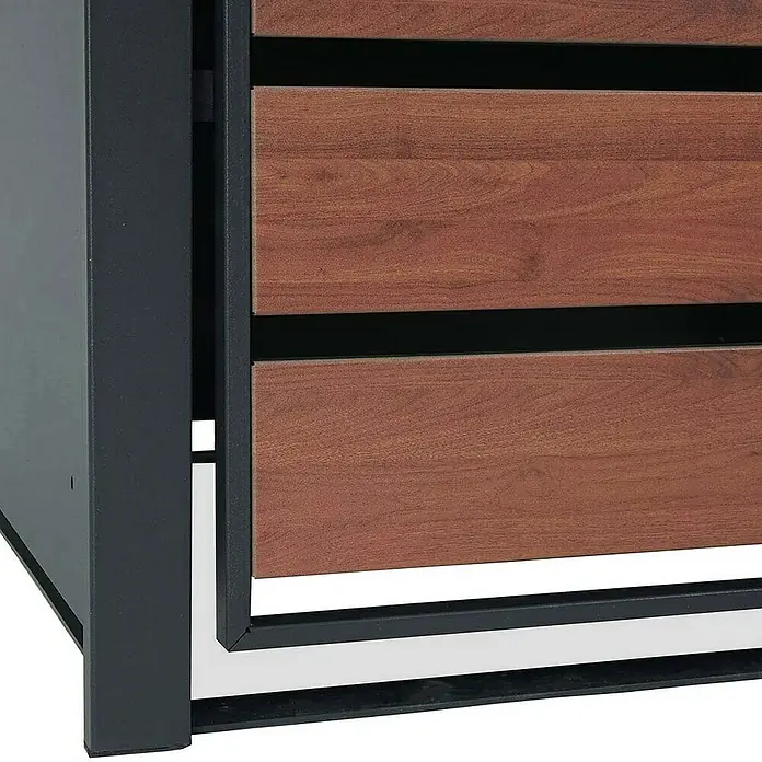 Proregal Mülltonnenbox XL 4er/8er-Mülltonnenverkleidung - 284 x 98 cm, Metall, Kirsche-Holzoptik Dunkelbraun, Geeignet für Anzahl Mülltonnen: 4 Stk. - Nahaufnahme eines stilvollen Pflanzkastens mit Holzverkleidung und dunklem Metallrahmen. Der Kontrast der Materialien betont das moderne Design.