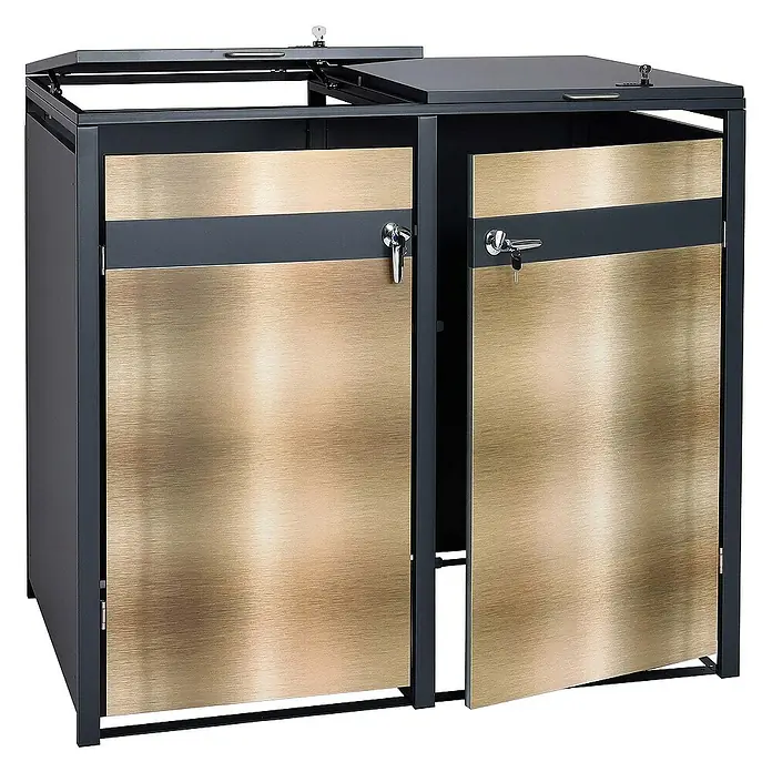 Proregal Mülltonnenbox 2er Mülltonnenverkleidung - Metall, Gold-Optik, Geeignet für Anzahl Mülltonnen: 2 Stk. - Bild eines Mülltonnenbox-Doppel für zwei Mülltonnen mit abschließbaren Türen aus Metall.