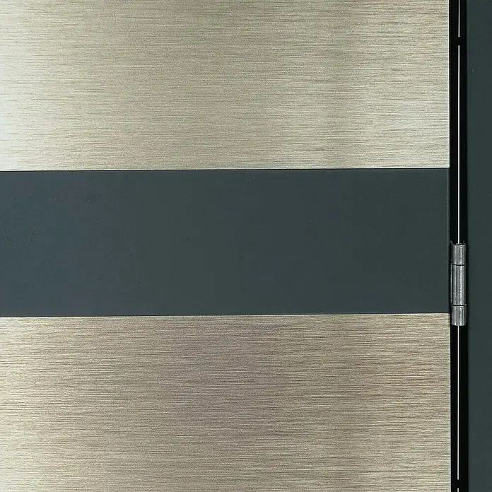 Proregal Mülltonnenbox 2er Mülltonnenverkleidung - Metall, Gold-Optik, Geeignet für Anzahl Mülltonnen: 2 Stk. - Detailaufnahme einer modernen Tür mit horizontalen Streifen in Silber und Anthrazit sowie einem sichtbaren Scharnier.