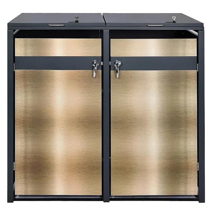 Proregal Mülltonnenbox 2er Mülltonnenverkleidung - Metall, Gold-Optik, Geeignet für Anzahl Mülltonnen: 2 Stk. - Das Bild zeigt einen doppelten, abschließbaren Mülltonnenbox aus Metall mit goldenen Türen. Die Box dient zur stilvollen Aufbewahrung von Mülltonnen.