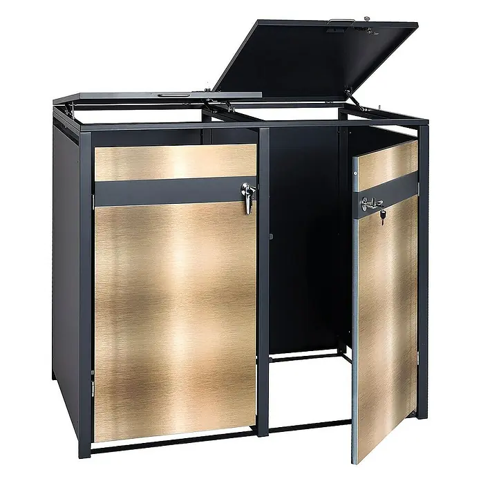 Proregal Mülltonnenbox 2er Mülltonnenverkleidung - Metall, Gold-Optik, Geeignet für Anzahl Mülltonnen: 2 Stk. - Mülltonnenbox mit zwei Fächern, abschließbaren Türen und einem aufklappbaren Deckel. Die Box besteht aus Metall und hat goldfarbene Türen.