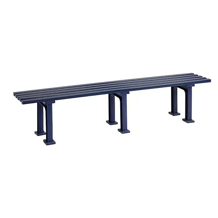 Proregal Gartenbank Kuba 4-Sitzer aus Kunststoff - Blau - Ein dunkelblaues Umkleidebank, bestehend aus mehreren Latten, bietet eine robuste und stilvolle Sitzgelegenheit, ideal für öffentliche Räume.
