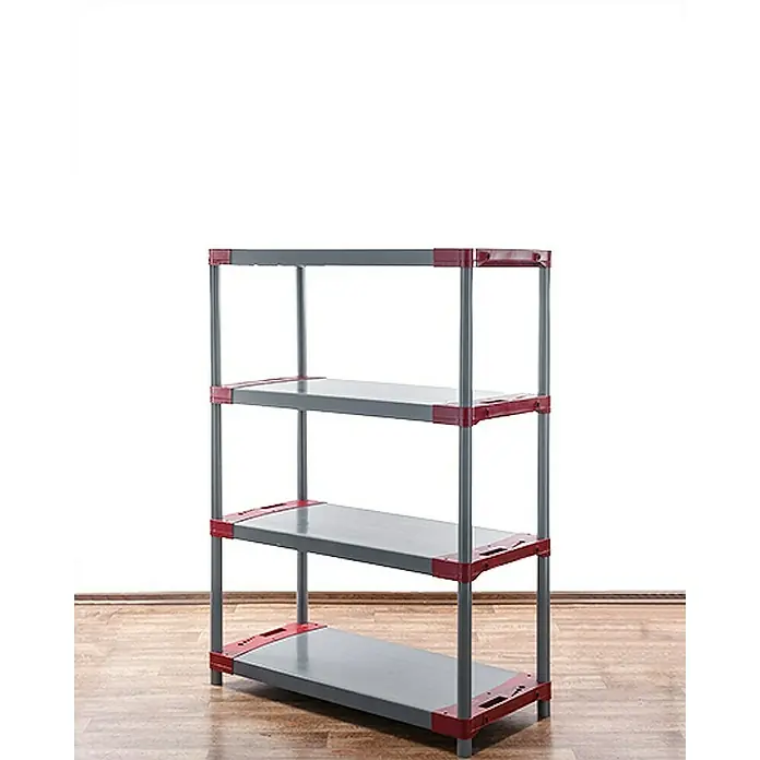 Proregal Kunststoffregal GREY BEAR - Traglast pro Boden: 120 kg, Anzahl Böden: 4 Stk., Stecken, Grau-Rot - Graues Regal mit vier Ebenen und roten Eckverbindungen, ideal für zusätzlichen Stauraum und Organisation.