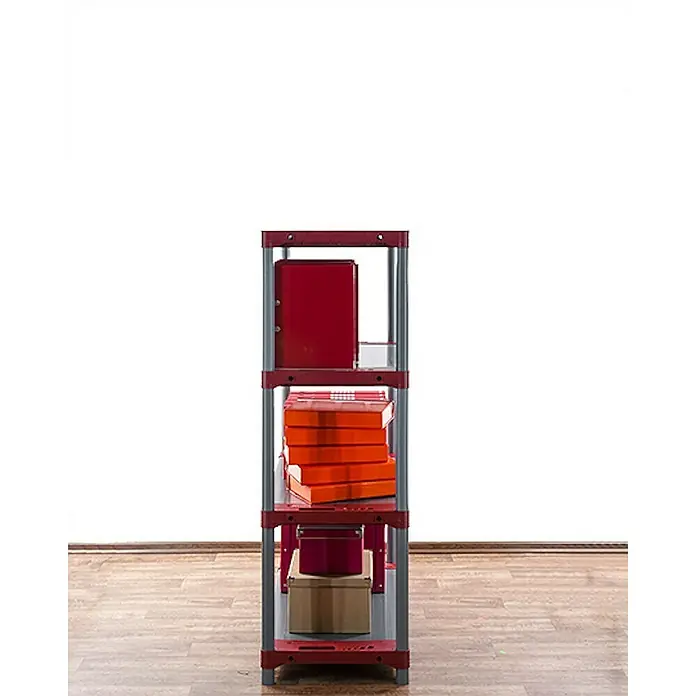 Proregal Kunststoffregal GREY BEAR - Traglast pro Boden: 120 kg, Anzahl Böden: 4 Stk., Stecken, Grau-Rot - Ein Regal mit roten und orangefarbenen Aufbewahrungsboxen und Ordnern, das zur Aufbewahrung dient und Ordnung schafft.