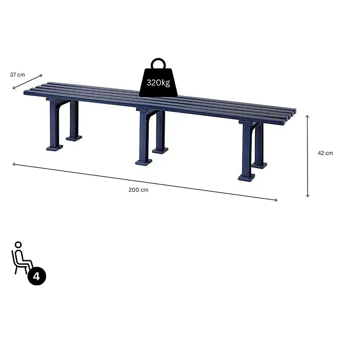 Proregal Gartenbank Kuba 4-Sitzer aus Kunststoff - Blau - Produktbild einer blauen Bank mit den Maßen 200 cm Länge, 37 cm Breite und 42 cm Höhe, belastbar bis 320 kg.