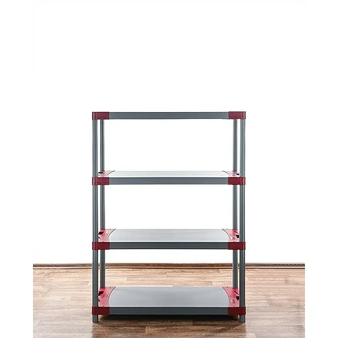 Proregal Kunststoffregal GREY BEAR - Traglast pro Boden: 120 kg, Anzahl Böden: 4 Stk., Stecken, Grau-Rot - Abbildung eines grauen Regals mit vier Ebenen und rotem Eckverbinder auf hellem Hintergrund.