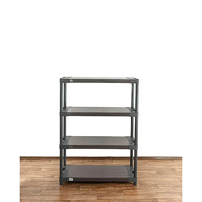 Proregal Kunststoffregal GREY BEAR - Traglast pro Boden: 120 kg, Anzahl Böden: 4 Stk., Stecken, Grau - Ein graues, vierstöckiges Regal steht auf einem Holzboden vor einem weißen Hintergrund und bietet viel Stauraum.