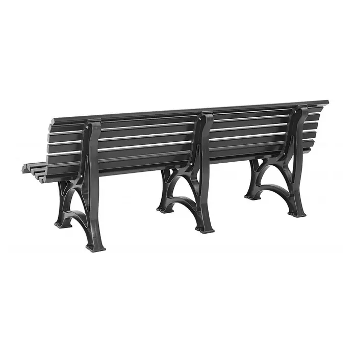 Proregal Gartenbank Jamaika 4-Sitzer aus Kunststoff - Graphitgrau - Eine Ansicht von hinten einer schwarzen Parkbank mit dekorativen Beinen und Latten für Sitz und Rückenlehne.