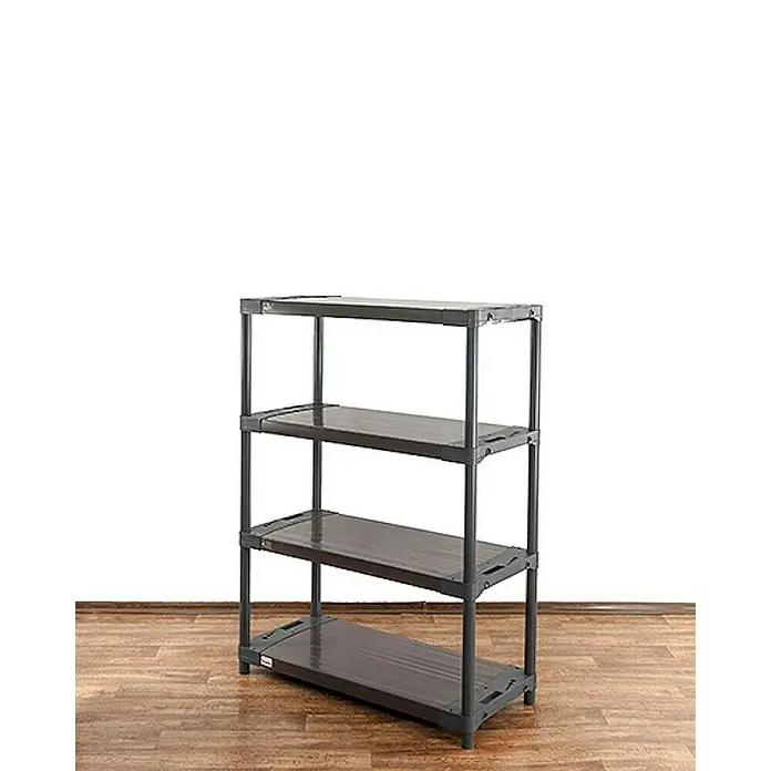 Proregal Kunststoffregal GREY BEAR - Traglast pro Boden: 120 kg, Anzahl Böden: 4 Stk., Stecken, Grau - Ein graues Kunststoffregal mit vier Ebenen steht auf einem Holzboden vor einer weißen Wand. Ideal zur Aufbewahrung und Organisation.