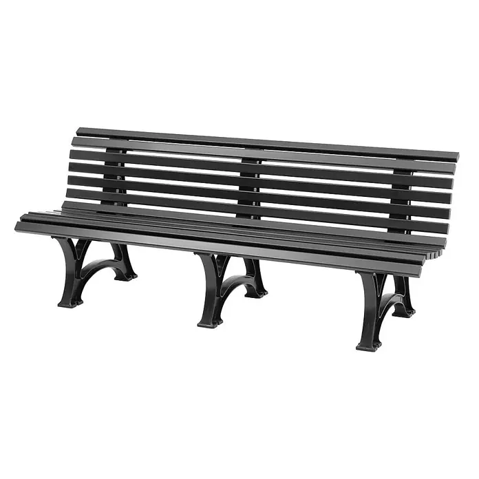 Proregal Gartenbank Jamaika 4-Sitzer aus Kunststoff - Graphitgrau - Abbildung einer stilvollen, schwarzen Parkbank mit Lattenrost und gusseisernen Beinen, ideal für öffentliche Plätze oder Gärten.