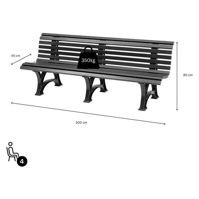 Proregal Gartenbank Jamaika 4-Sitzer aus Kunststoff - Graphitgrau - Abbildung einer schwarzen Parkbank aus Metall mit den Maßen 200 x 45 x 80 cm und einer Tragfähigkeit von 350 kg für 4 Personen.