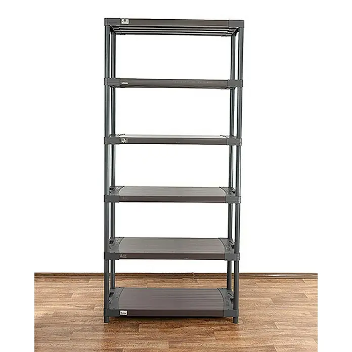 Proregal Kunststoffregal GREY BEAR - Traglast pro Boden: 120 kg, Anzahl Böden: 6 Stk., Stecken, Grau - Abbildung eines grauen Regals mit sechs Regalböden zur Aufbewahrung verschiedener Gegenstände.