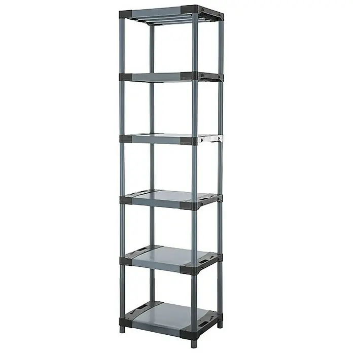 Proregal Kunststoffregal GREY BEAR - Traglast pro Boden: 120 kg, Anzahl Böden: 6 Stk., Stecken, Grau - Abgebildetes Produkt: Graues Kunststoffregal mit fünf Ablagen und schwarzem Eckverbindungsstück.
