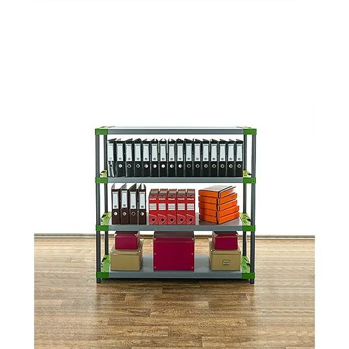 Proregal Kunststoffregal GREY BEAR - Traglast pro Boden: 70 kg, Anzahl Böden: 4 Stk., Stecken, Grau-Grün - Ein graues Regal mit grünen Akzenten, voll mit Ordnern und Boxen in verschiedenen Farben, bietet viel Stauraum.