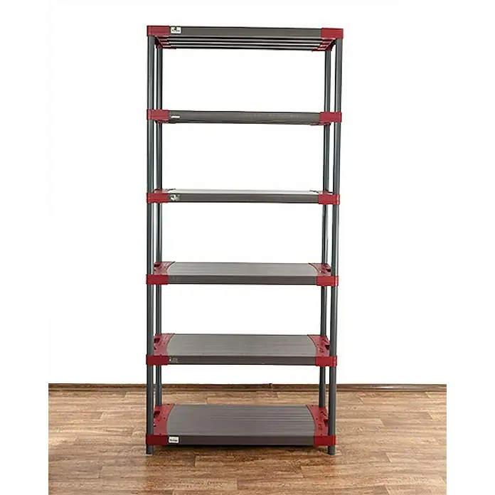 Proregal Kunststoffregal GREY BEAR - Traglast pro Boden: 120 kg, Anzahl Böden: 6 Stk., Stecken, Grau-Rot - Ein graues Regal mit rotem Rahmen vor einer weißen Wand und einem Holzboden.