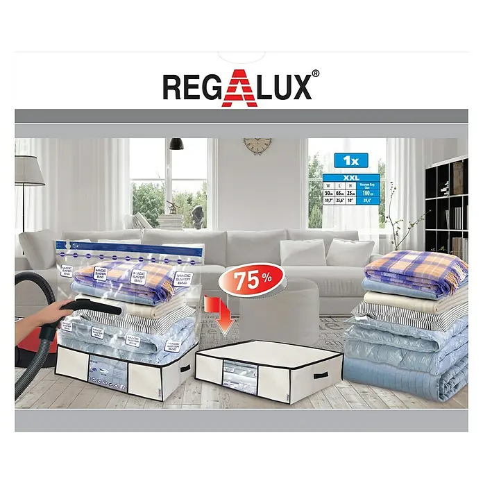 Regalux Vakuum-Beutel mit Tasche XXL - Volumen: 81,25 l, 65 x 50 x 25 cm - Das Bild zeigt ein Regalux Vakuum-Aufbewahrungsbeutel-Set mit 75% Rabatt, ideal für platzsparende Lagerung von Textilien.