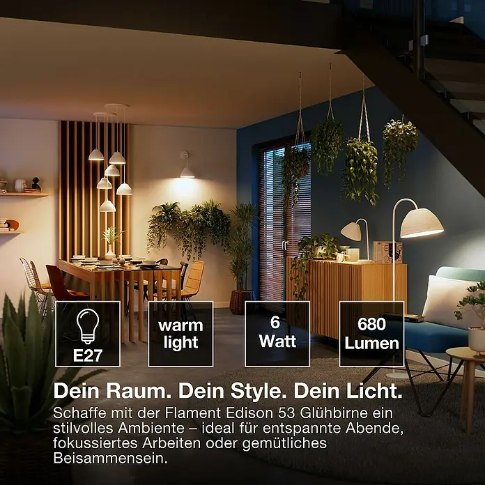 Osram Smart+ Smart-LED-Lampe Edison matter - E27, Dimmbar, Warmweiß, 680 lm, 6 W - Die Filament Edison 53 Glühbirne sorgt für ein stilvolles Ambiente. Ideal für entspannte Abende oder gemütliches Beisammensein.