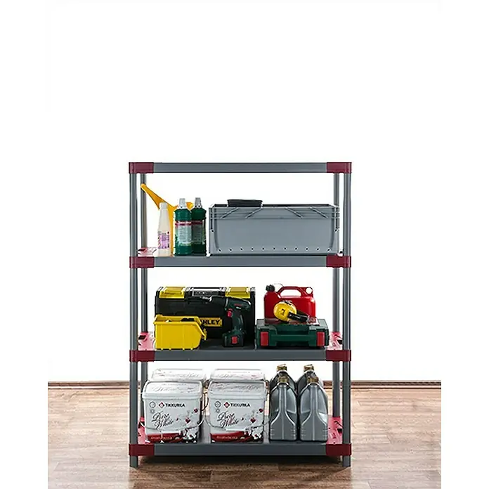 Proregal Kunststoffregal GREY BEAR - Traglast pro Boden: 120 kg, Anzahl Böden: 4 Stk., Stecken, Grau-Rot - Regal mit Werkzeug und Behältern.