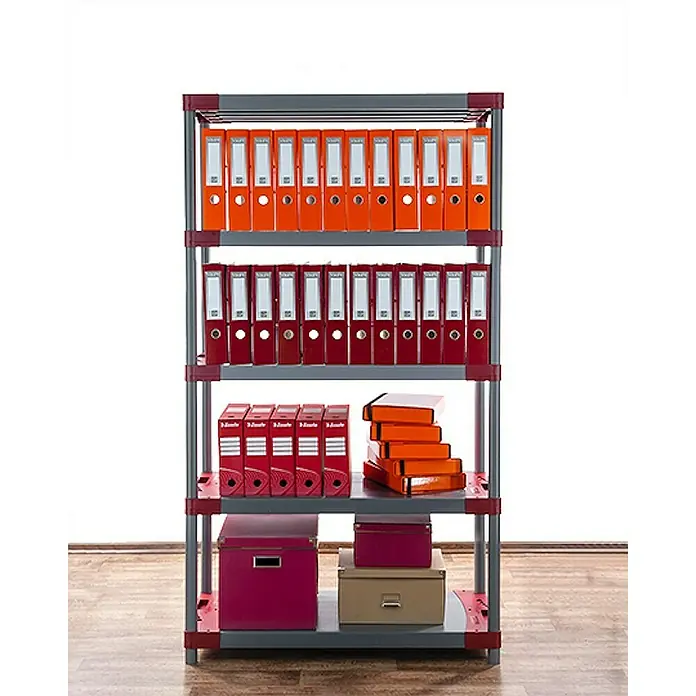 Proregal Kunststoffregal GREY BEAR - Traglast pro Boden: 120 kg, Anzahl Böden: 5 Stk., Stecken, Grau-Rot - Ein Regal mit bunten Ordnern und Boxen, ideal zur Organisation von Büro oder Arbeitszimmer. Praktisch und vielseitig!