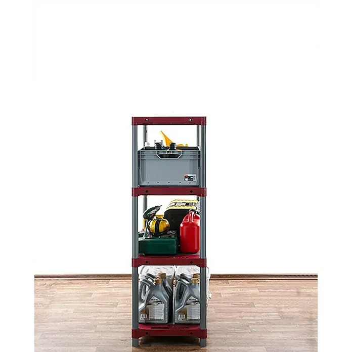 Proregal Kunststoffregal GREY BEAR - Traglast pro Boden: 120 kg, Anzahl Böden: 4 Stk., Stecken, Grau-Rot - Ein rotes und graues Regal mit verschiedenen Gegenständen wie Werkzeugkisten und Ölflaschen darauf.