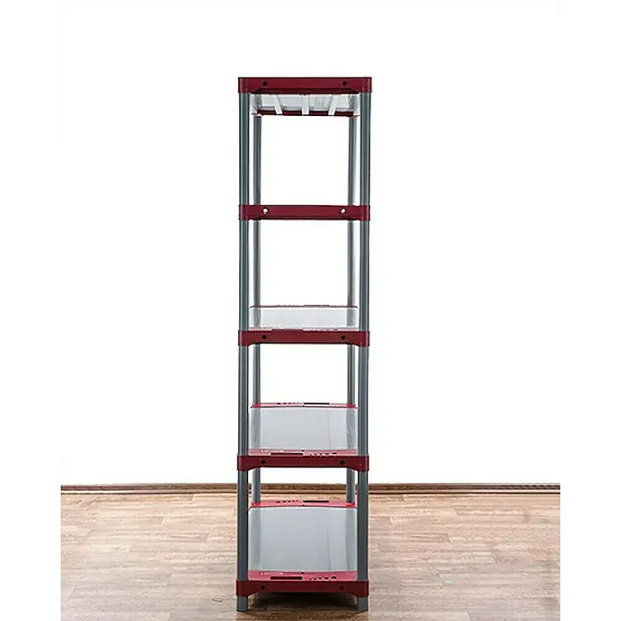 Proregal Kunststoffregal GREY BEAR - Traglast pro Boden: 120 kg, Anzahl Böden: 5 Stk., Stecken, Grau-Rot - Ein schlankes, mehrstöckiges Regal mit grauem Gestell und burgunderroten Böden. Ideal für Ordnung und Aufbewahrung in jedem Raum.