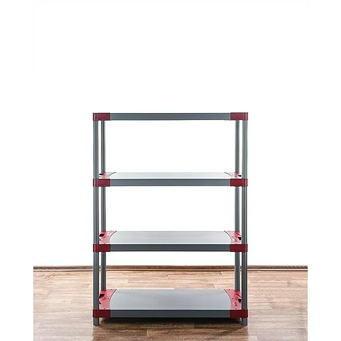 Proregal Kunststoffregal GREY BEAR - Traglast pro Boden: 120 kg, Anzahl Böden: 4 Stk., Stecken, Grau-Rot - Bild eines grauen Regals mit vier Ebenen und roten Akzenten. Das Regal steht auf einem Holzboden vor einer weißen Wand.