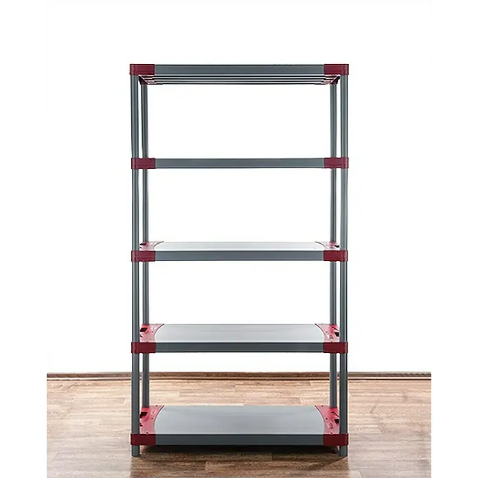 Proregal Kunststoffregal GREY BEAR - Traglast pro Boden: 120 kg, Anzahl Böden: 5 Stk., Stecken, Grau-Rot - Ein graues Regal mit fünf Ablagen und einem roten Rahmen, ideal zur Aufbewahrung verschiedener Gegenstände. Praktisch und stilvoll.