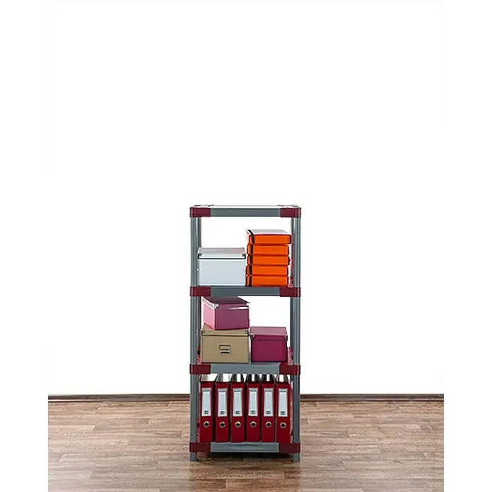 Proregal Kunststoffregal GREY BEAR - Traglast pro Boden: 120 kg, Anzahl Böden: 4 Stk., Stecken, Grau-Rot - Ein graues Regal mit vier Fächern, gefüllt mit Ordnern und Boxen in verschiedenen Farben, vor einer weißen Wand.