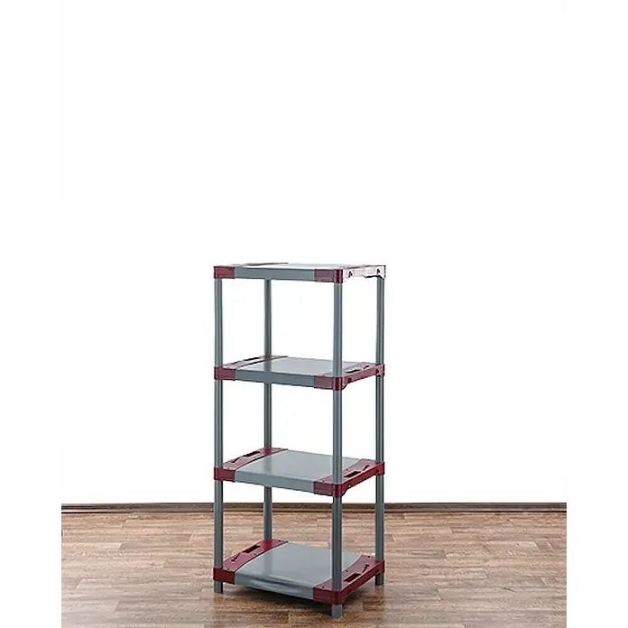Proregal Kunststoffregal GREY BEAR - Traglast pro Boden: 120 kg, Anzahl Böden: 4 Stk., Stecken, Grau-Rot - Ein graues Regal mit vier Ebenen und roten Akzenten, das auf einem Holzboden steht, bietet viel Stauraum und ist ein Blickfang.