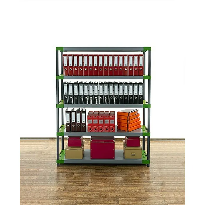 Proregal Kunststoffregal GREY BEAR - Traglast pro Boden: 70 kg, Anzahl Böden: 5 Stk., Stecken, Grau-Grün - Ein Regal mit Aktenordnern und Boxen in verschiedenen Farben, ideal für Büro oder Lager.