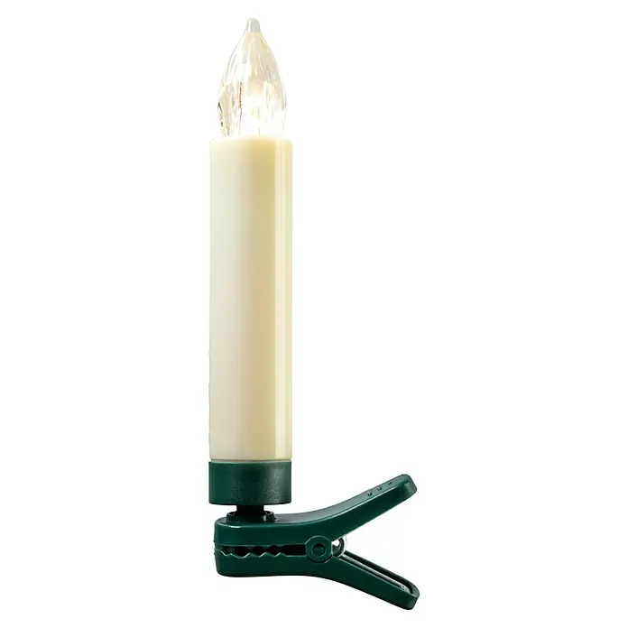 Velas de Navidad LED - 110 mm, Marfil, Color de luz: Blanco cálido, Número de bombillas: 20 ud., IP20 - Imagen de una vela con clip, una vela inalámbrica que funciona con baterías con un clip verde para una fácil fijación a las superficies.