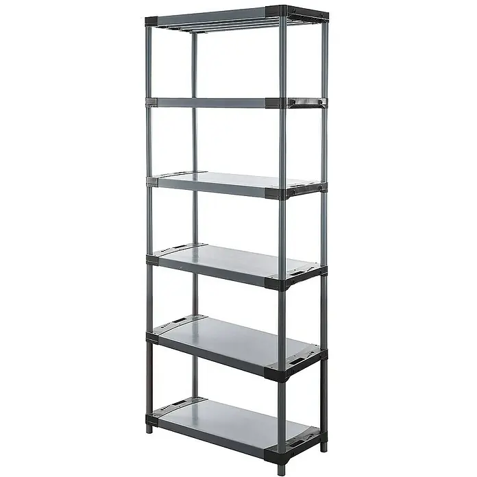 Proregal Kunststoffregal GREY BEAR - Traglast pro Boden: 120 kg, Anzahl Böden: 6 Stk., Stecken, Grau - Regal mit sechs Ablagen in Grau und Schwarz. Ideal zur Aufbewahrung und Organisation von Gegenständen in verschiedenen Räumen.