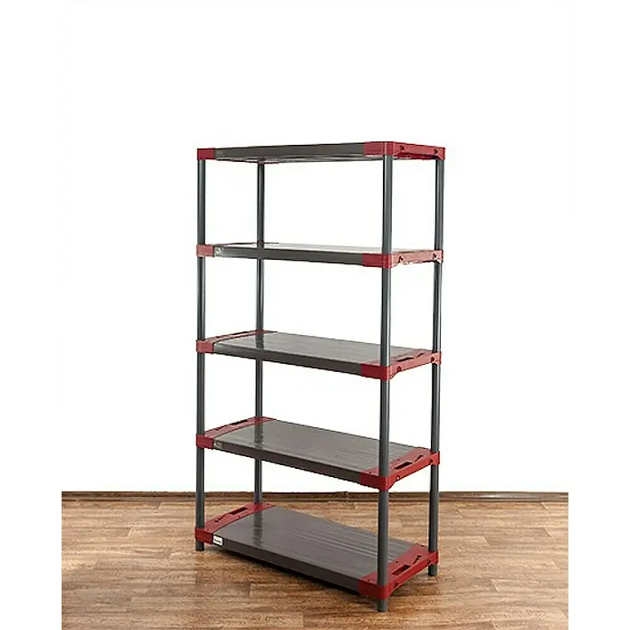 Proregal Kunststoffregal GREY BEAR - Traglast pro Boden: 120 kg, Anzahl Böden: 5 Stk., Stecken, Grau-Rot - Ein fünfstufiges Regal mit grauem Boden und roten Ecken bietet viel Stauraum und passt ideal in Garage, Werkstatt oder Vorratskammer.