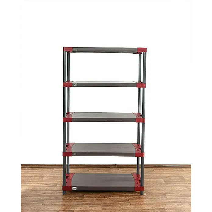 Proregal Kunststoffregal GREY BEAR - Traglast pro Boden: 120 kg, Anzahl Böden: 5 Stk., Stecken, Grau-Rot - Ein graues Regal mit fünf Regalböden und roten Eckverbindungen steht auf einem Holzboden. Perfekt für die Organisation von Gegenständen.