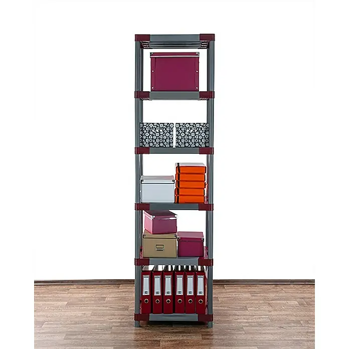 Proregal Kunststoffregal GREY BEAR - Traglast pro Boden: 120 kg, Anzahl Böden: 6 Stk., Stecken, Grau-Rot - Regal mit bunten Aufbewahrungsboxen und Ordnern, die eine organisierte und farbenfrohe Aufbewahrungslösung bieten.